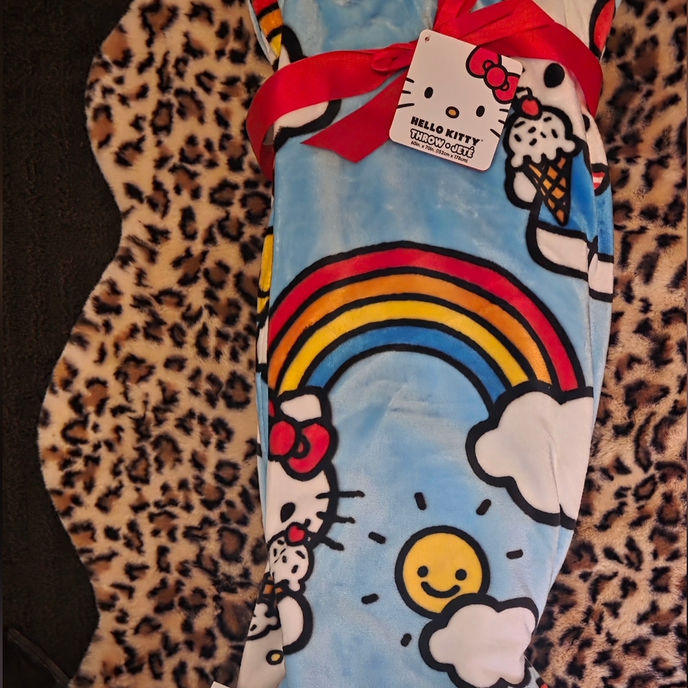 Hello Kitty Blue Blanket with Rainbows and Clouds